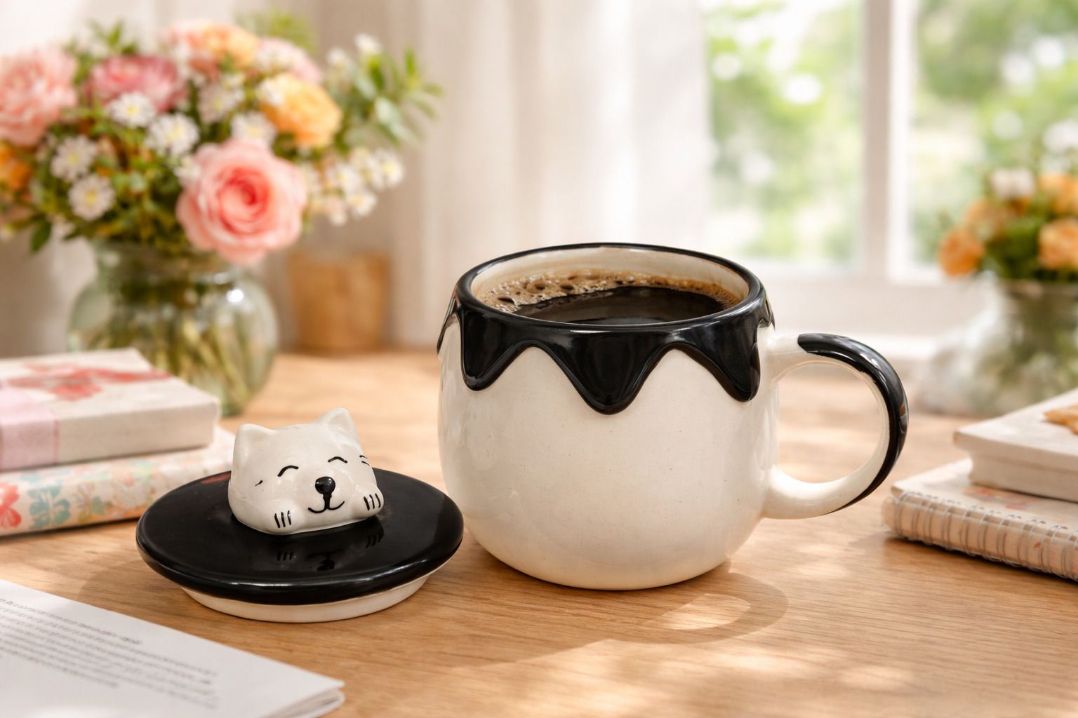 Cute Kitty Lid Ceramic for Coffee & Tea | Modern Drip Style Cup Ceramic Coffee Mug-image-42