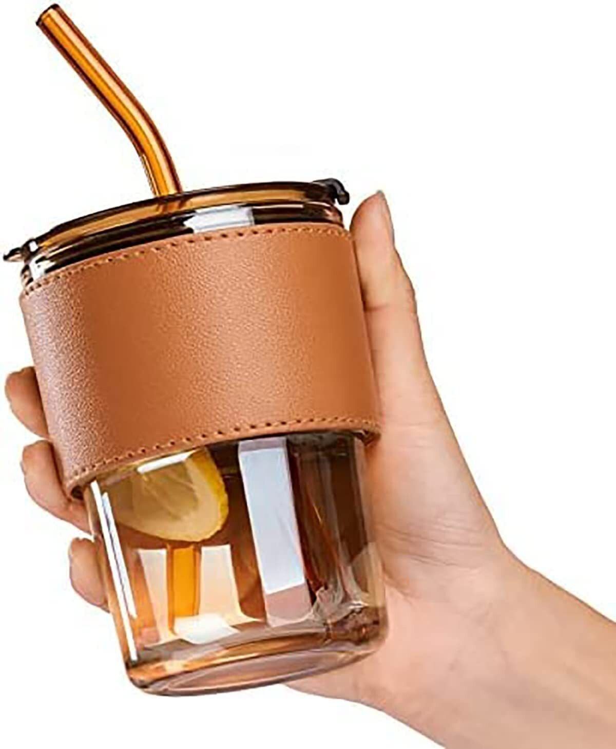 ratedcart Glass Tumbler with Silicone Straw and Lid 450 ml, Glass Cup with Leather Sleeve Glass Tumbler-picture-16