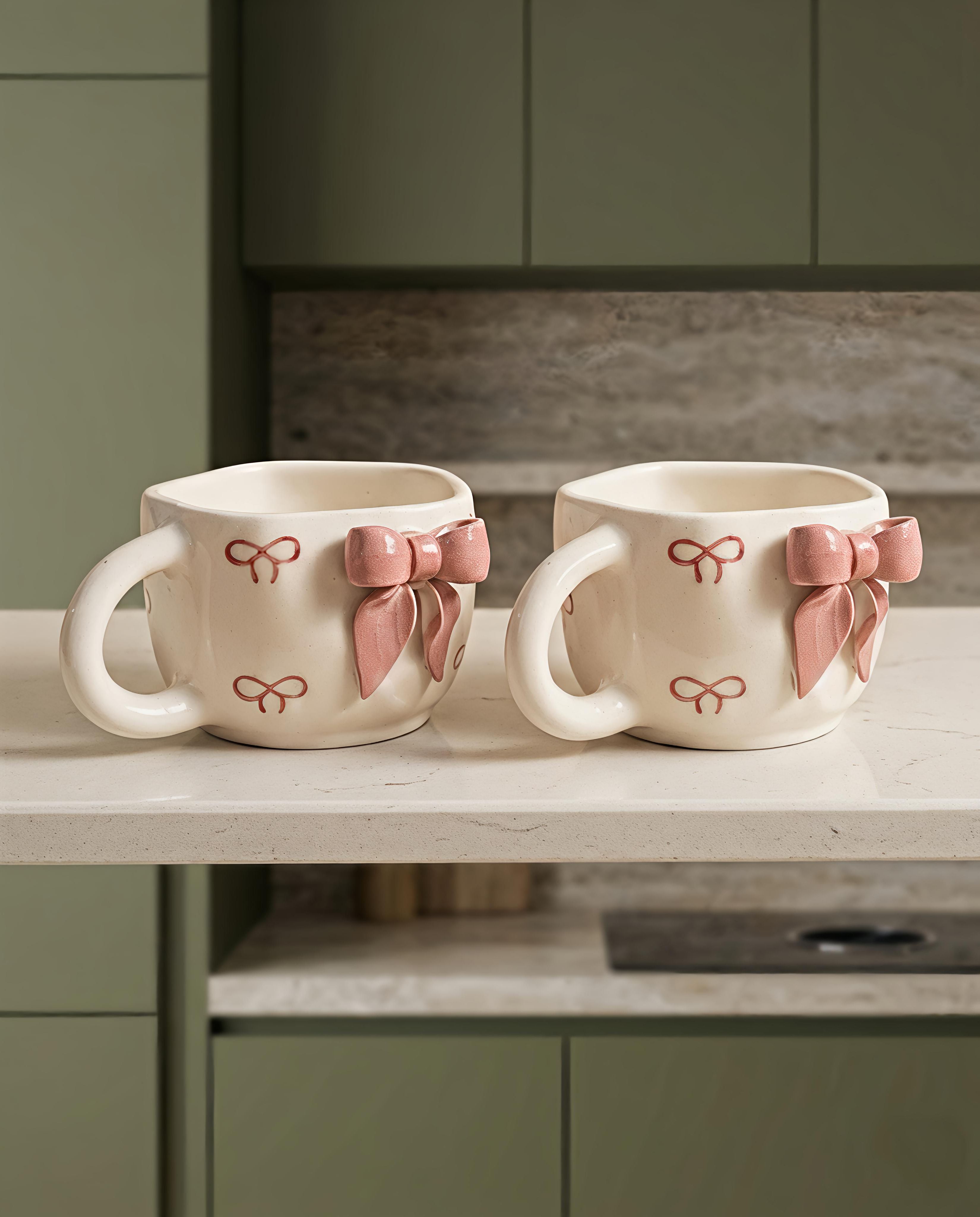 Ceramic Tea Coffee Set of 2 with 3D Pink Bow Design, Glossy Ivory Finish Ceramic Coffee Mug-image-9