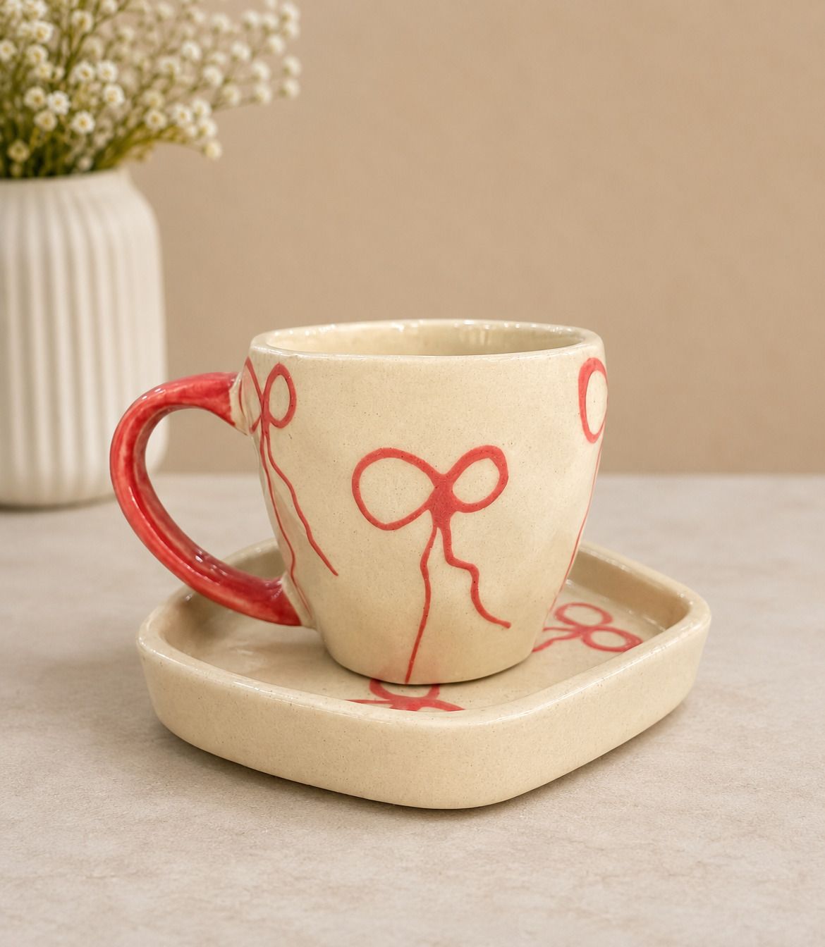 Handmade Bow & Snack Plate Set Ceramic Tea Coffee Cup Designer Gift Ceramic Coffee Mug-image-28