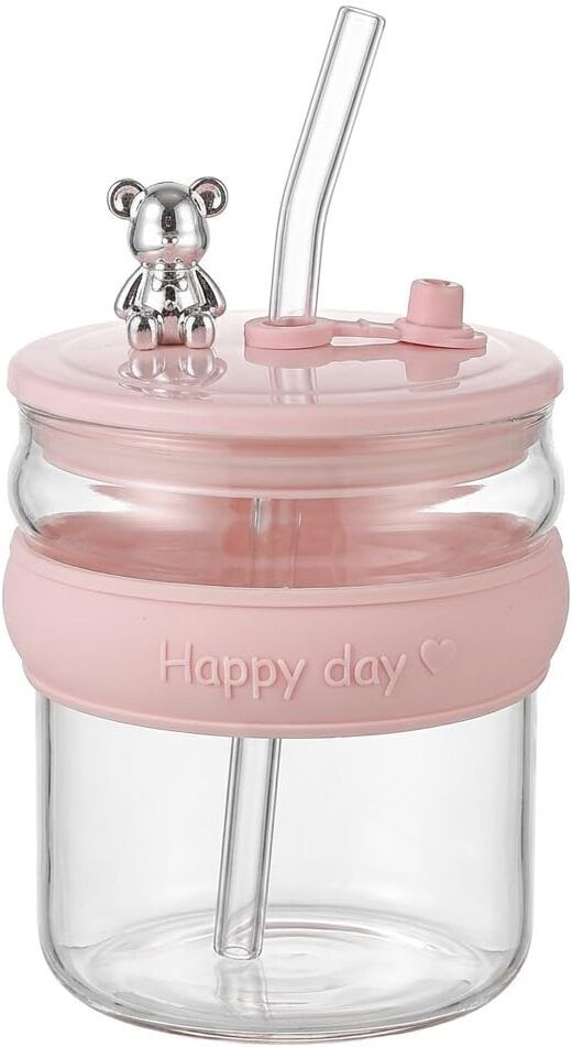 brahmani enterprise Glass Sipper Tumbler with Straw & Bear Lid Multicolor Random Color Send-picture-34