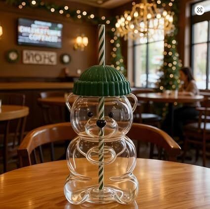 NEW TEDDY BEAR GLASS TUMBLER WITH LID& STRAW (GREEN) Glass Tumbler-image-2