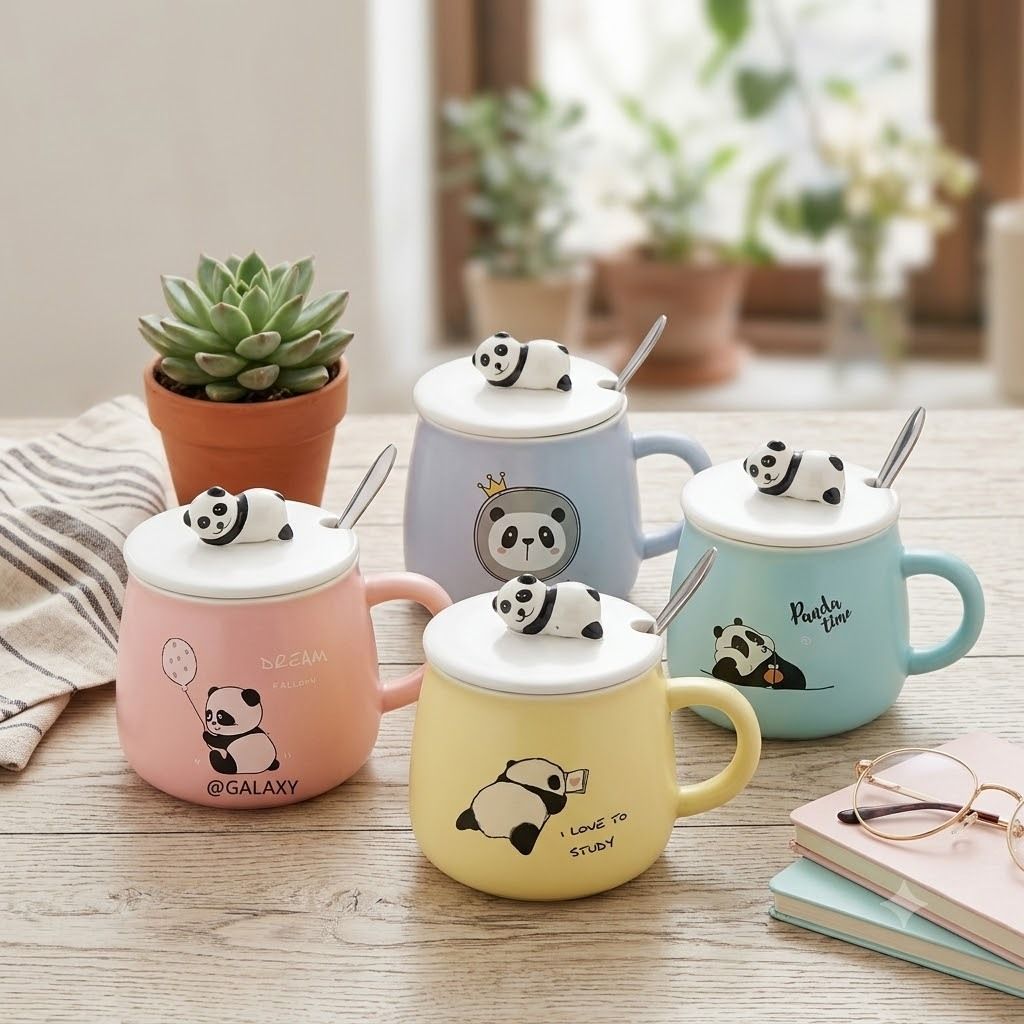 okechuku Ceramic Cartoon Panda Coffee Milk with Lid and Spoon Teacups Ceramic Coffee Mug-picture-38
