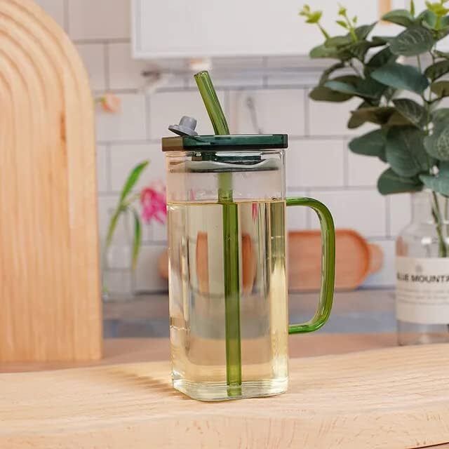 Square Glass Sipper Tumbler Tea Coffee Can with Acrylic Lid and Straw 1 Pcs Glass Tumbler-image-28