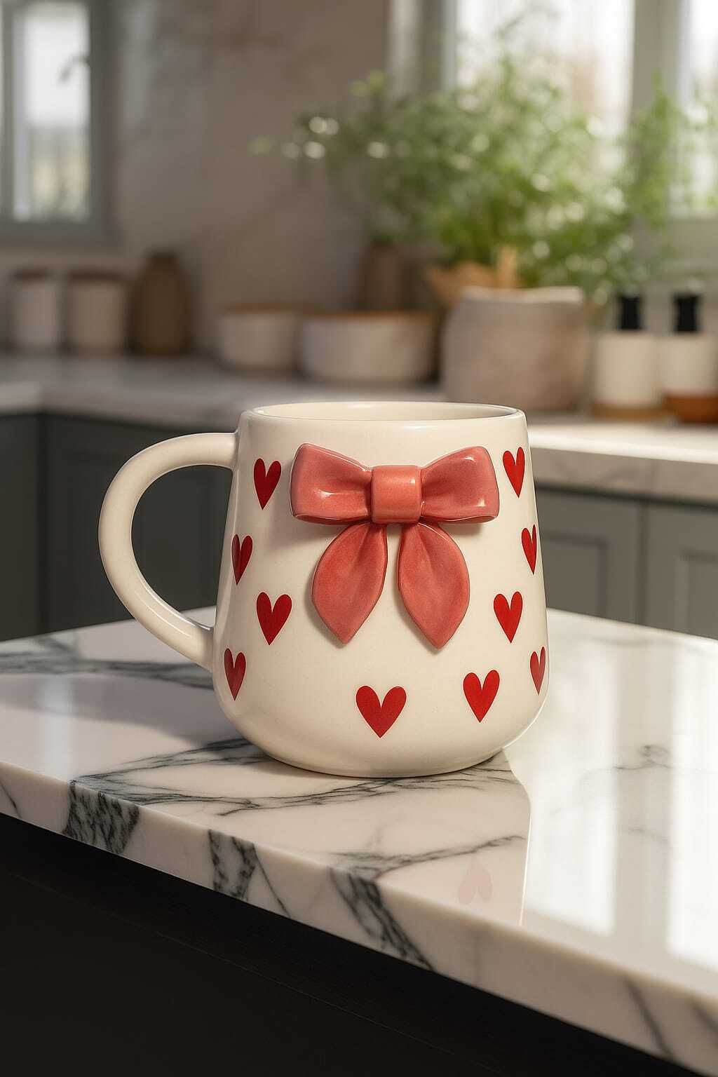 abc Ceramic Coffee with 3D Bow and Red Heart Design Ceramic Coffee Mug-picture-0