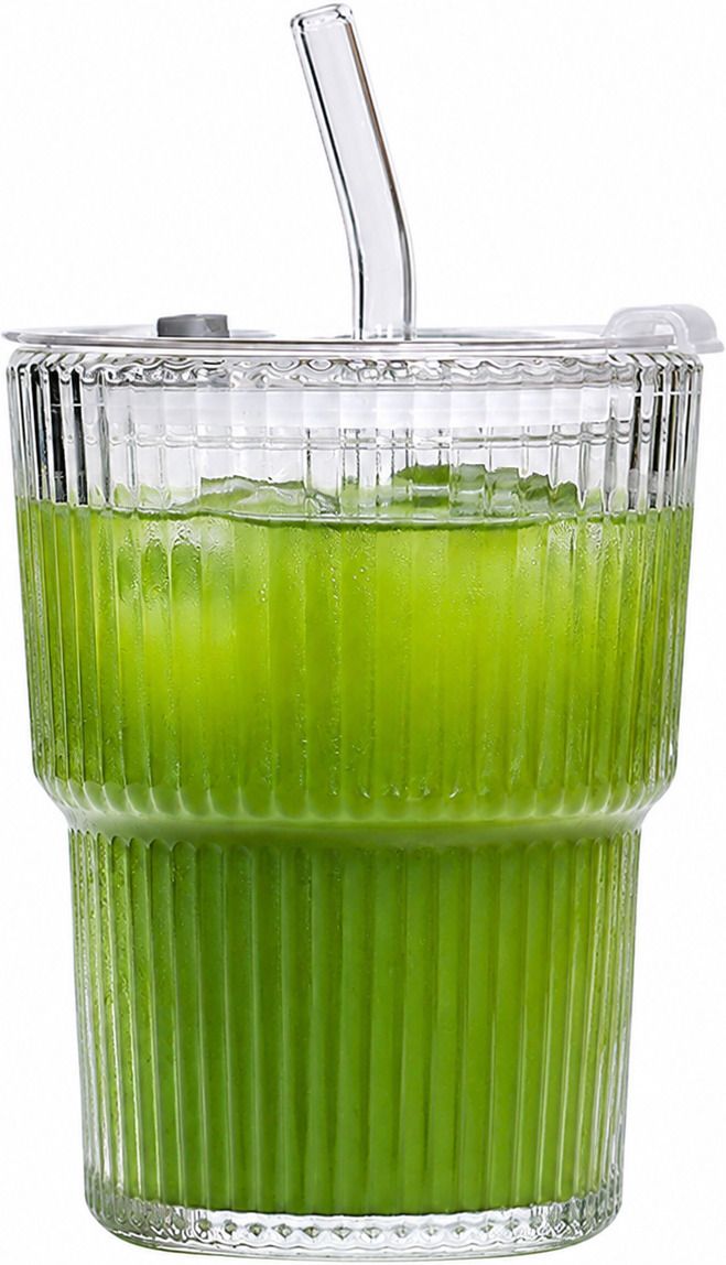 Premium Ribbed Glass with Plastic Lid and Glass Drinking Straw Glass Tumbler-image-17