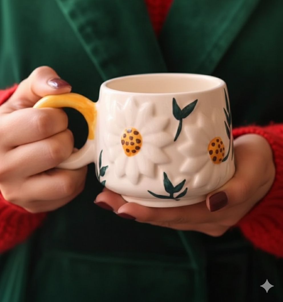 buy and fun Aesthetic Embossed Floral Ceramic - Yellow Handle Ceramic Coffee Mug-picture-46