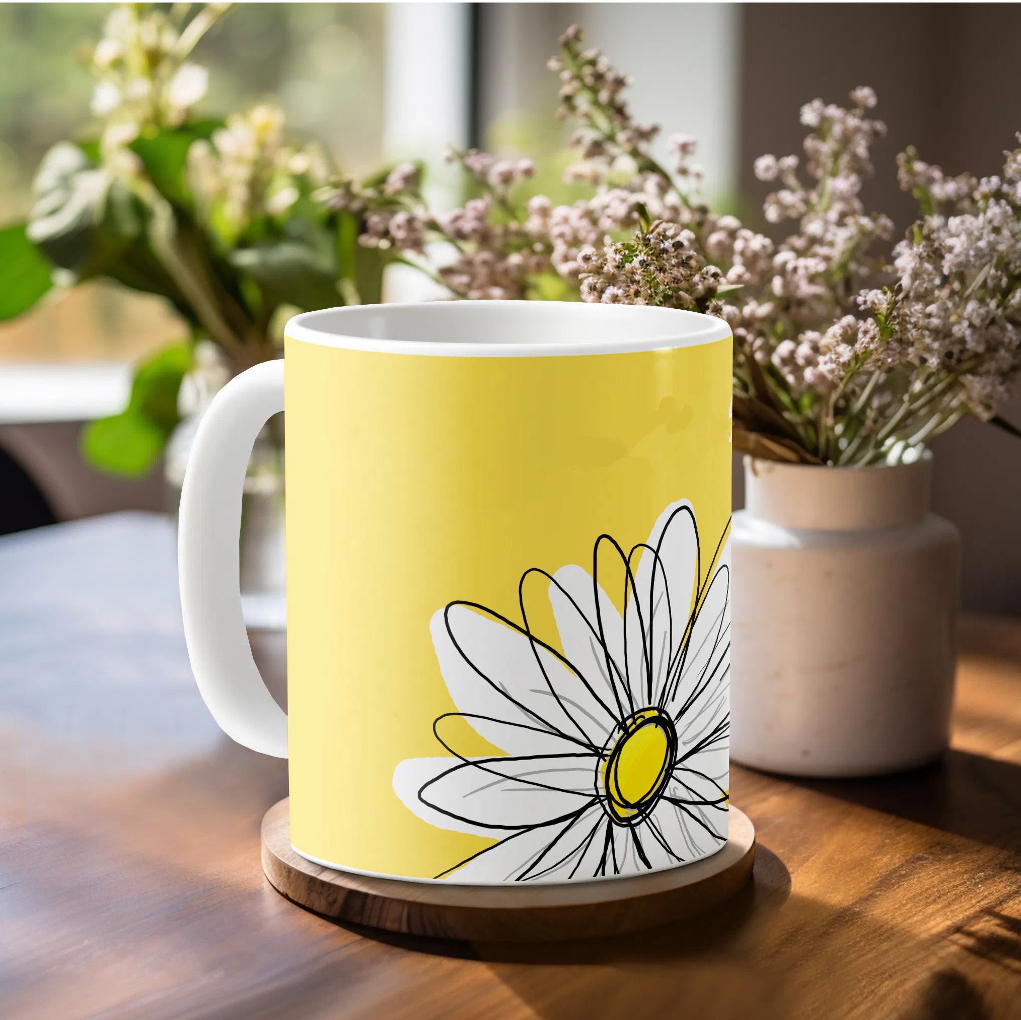 printsalive White and yellow whimsical Daisy Ceramic Coffee Mug-picture-26