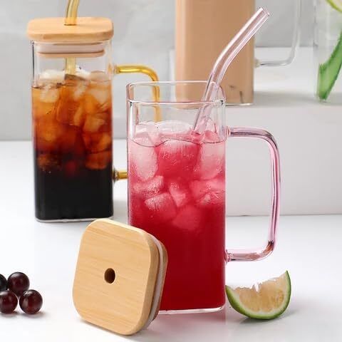 dealguru Square Mason Jar Set 400ML (Pack of 2) with Wooden Lid & Straw-picture-2