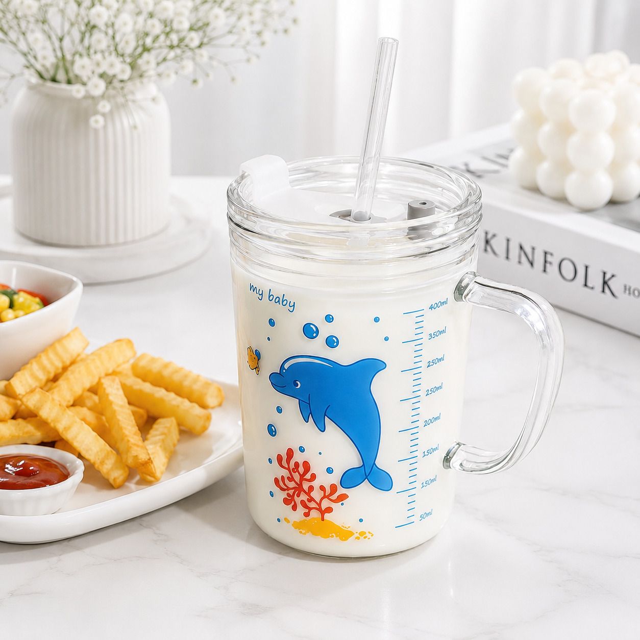Glass Sipper for Toddlers with Handle, Straw & Leakproof Cover Glass Coffee Mug-image-23
