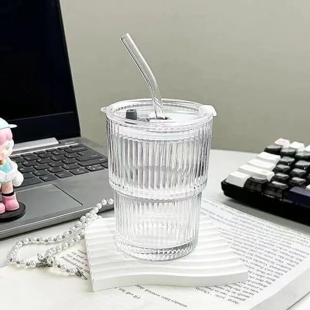 Drinking Coffee Cup Sipper Glass with Straw and lid Glass Tumbler-image-22