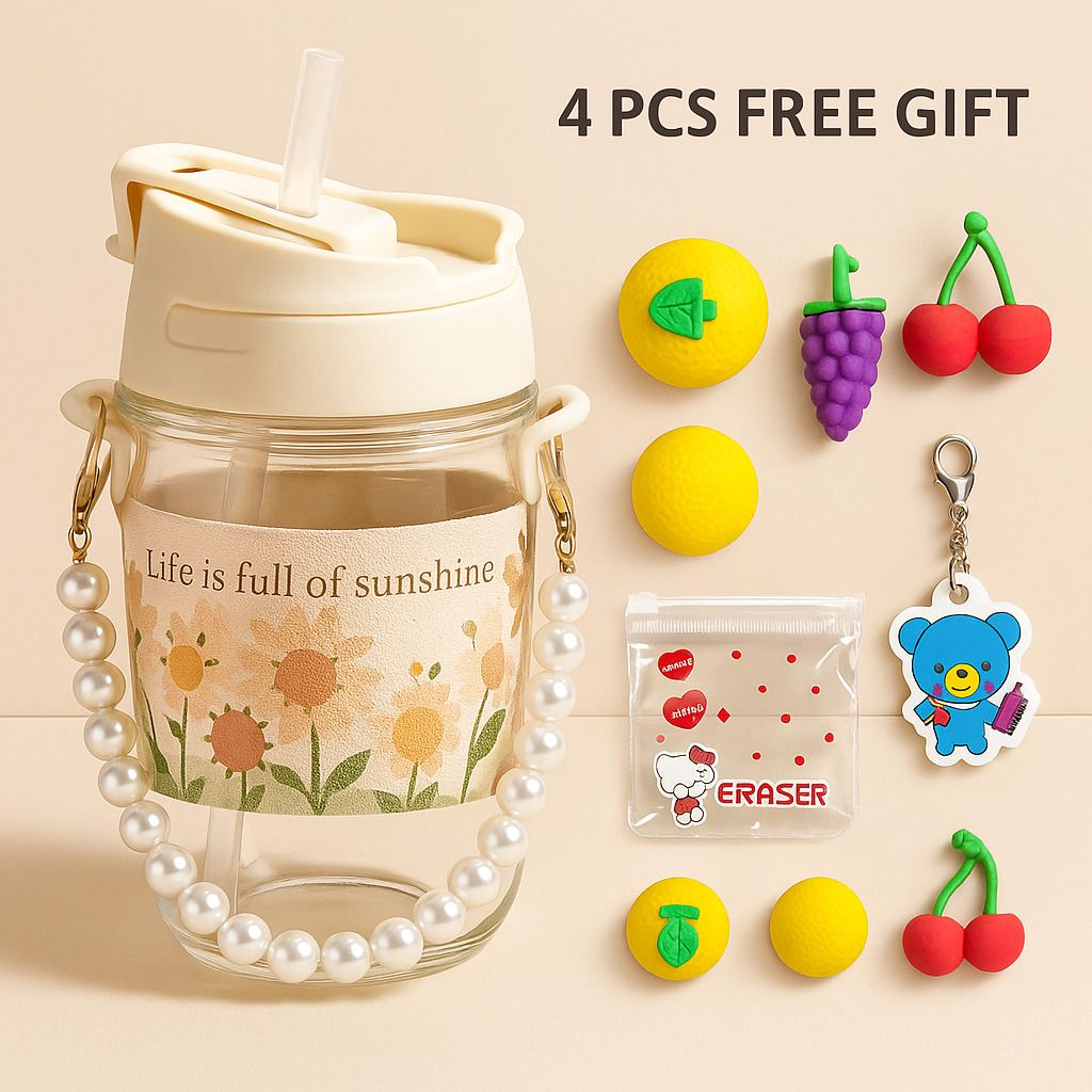 Mini Glass Straw Jar with Flip Lid & Fruit Erasers – Kids Return Gift Combo Glass Coffee Mug-image-33