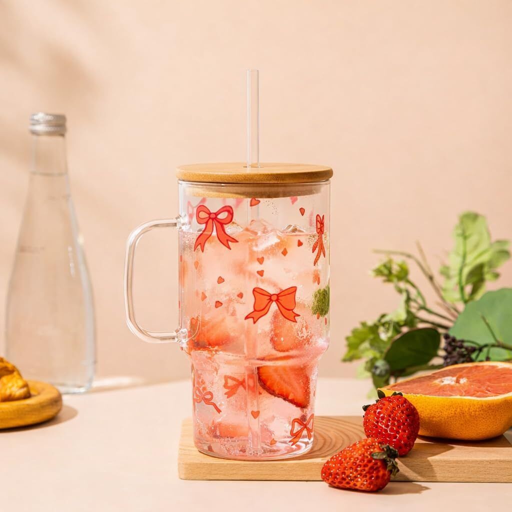 Glass Sipper Mug with Handle & Bow Tie Design-image-14