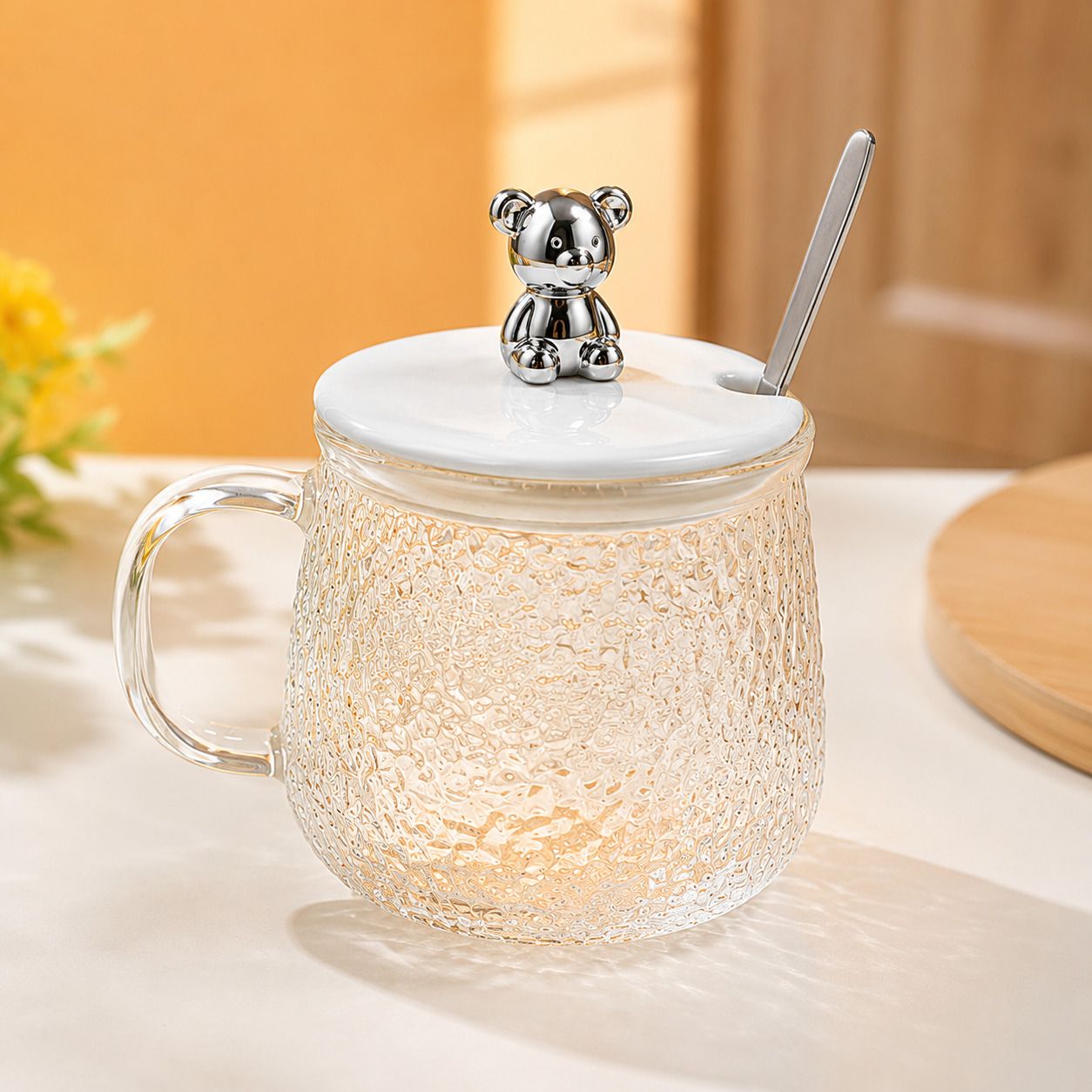 Premium Crystal Tea & Coffee Glass with Bear Lid & Spoon Glass Coffee Mug-image-17