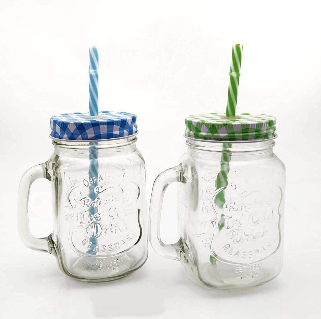 qnq Mason Jar Glass Set of 2 for Juice with Lid and Straw (500ml) Glass Mason Jar-picture-22