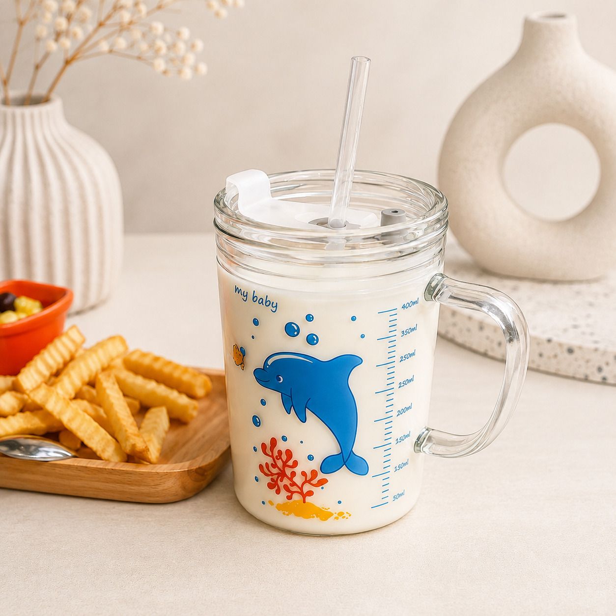 Baby Glass Cup for Milk with Silicone Straw & Leakproof Drinking Lid Glass Coffee Mug-image-45