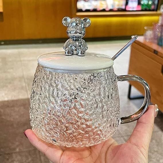 zroy enterprise Textured Glass Coffee with Cute Bear Lid & Spoon Glass Coffee Mug-picture-8