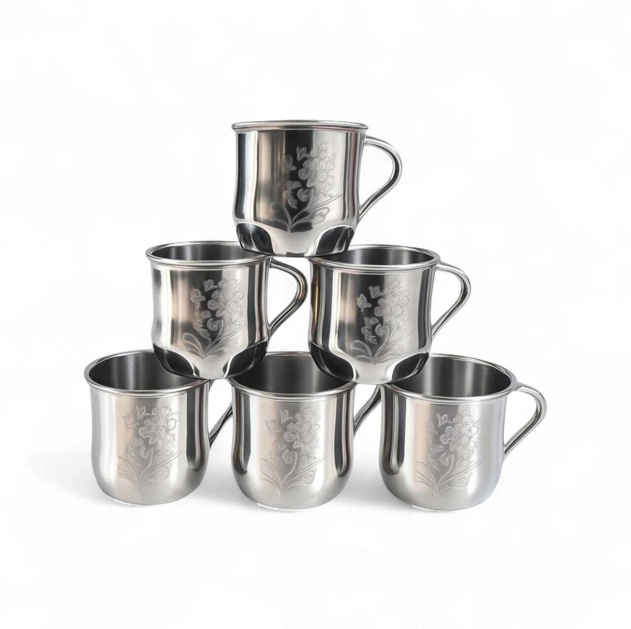 150ml Stainless Steel Tea Coffee Cup Set of 6 | Floral Design | Unbreakable Stainless Steel Coffee Mug-image-14
