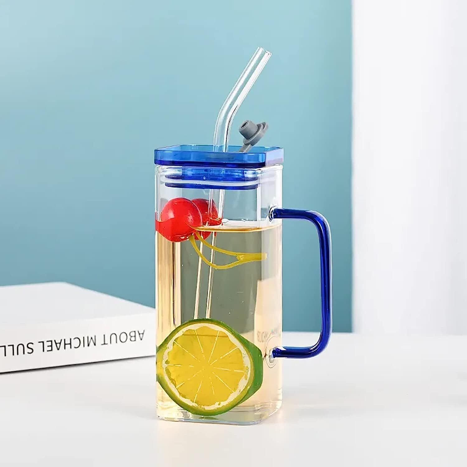 Square Glass Coffee Sipper with Colored Handle Lid and Glass Straw Pack of 1 Glass Tumbler-image-9
