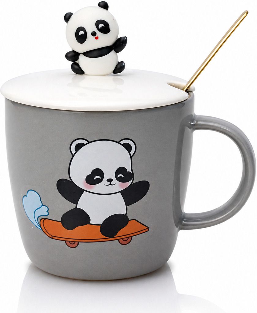 jmilan Panda Ceramic Coffee with Lid & Spoon, Cute Grey Cup 400ml Ceramic Coffee Mug-picture-14