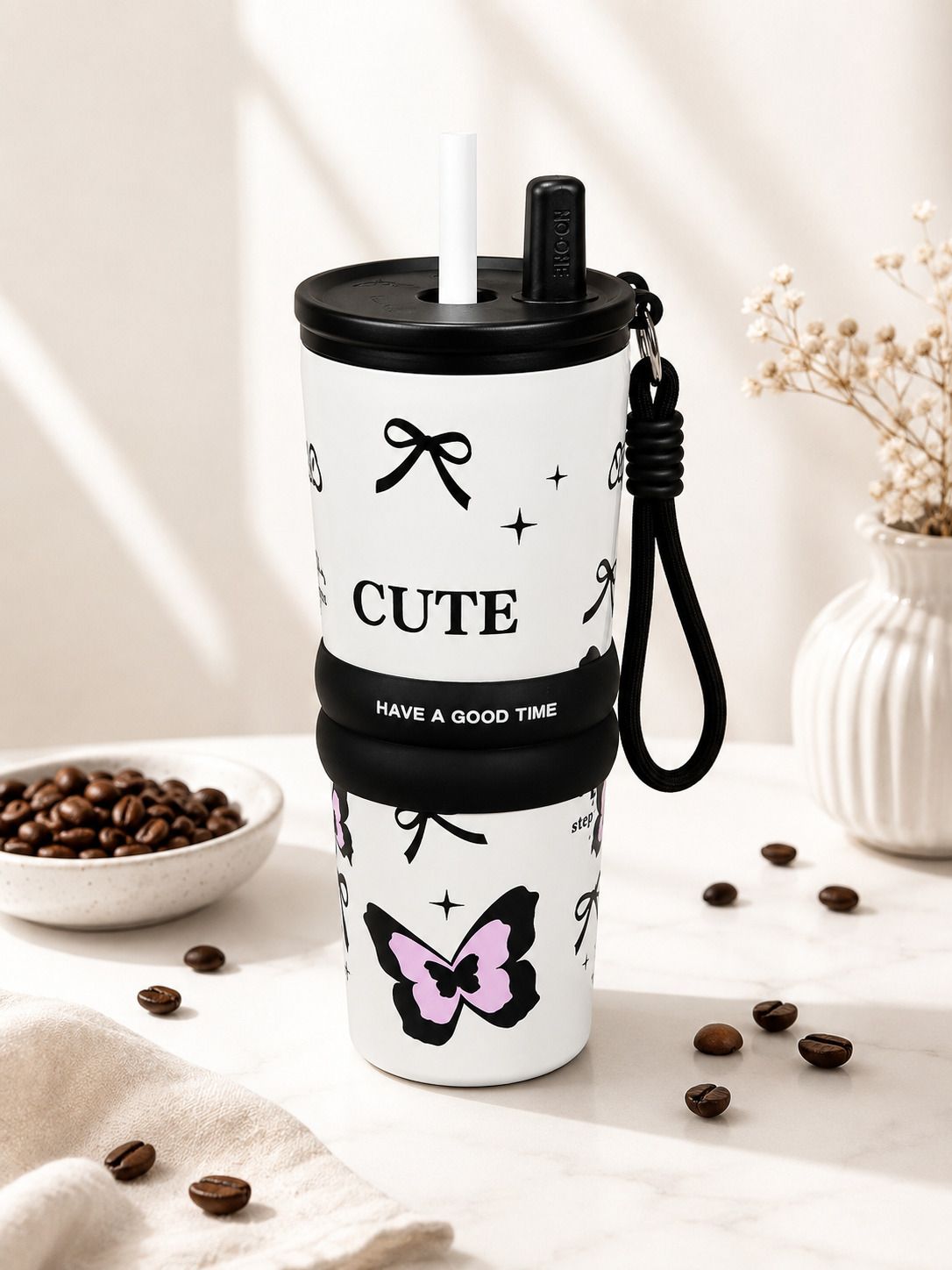isha herbal store Cute Coffee Sipper Cup for Girls With Straw & Carry Strap Leakproof Insulated Stainless Steel Coffee Mug-picture-18