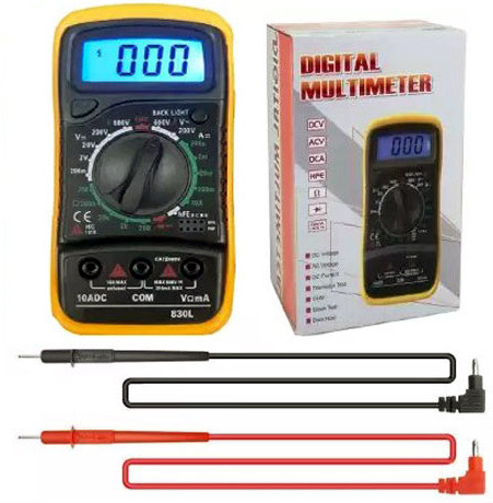 balrama A830L Measure AC / DC Voltage, DC Current, Resistance, Continuity Beeper, Diode / Transistor / On-Off Test Multitester with Data Hold + Back Light LCD Display + Low Battery Indicator + 9volt Battery + Voltmeter Leads Blue Yellow Unity Digital Voltage Tester image 1