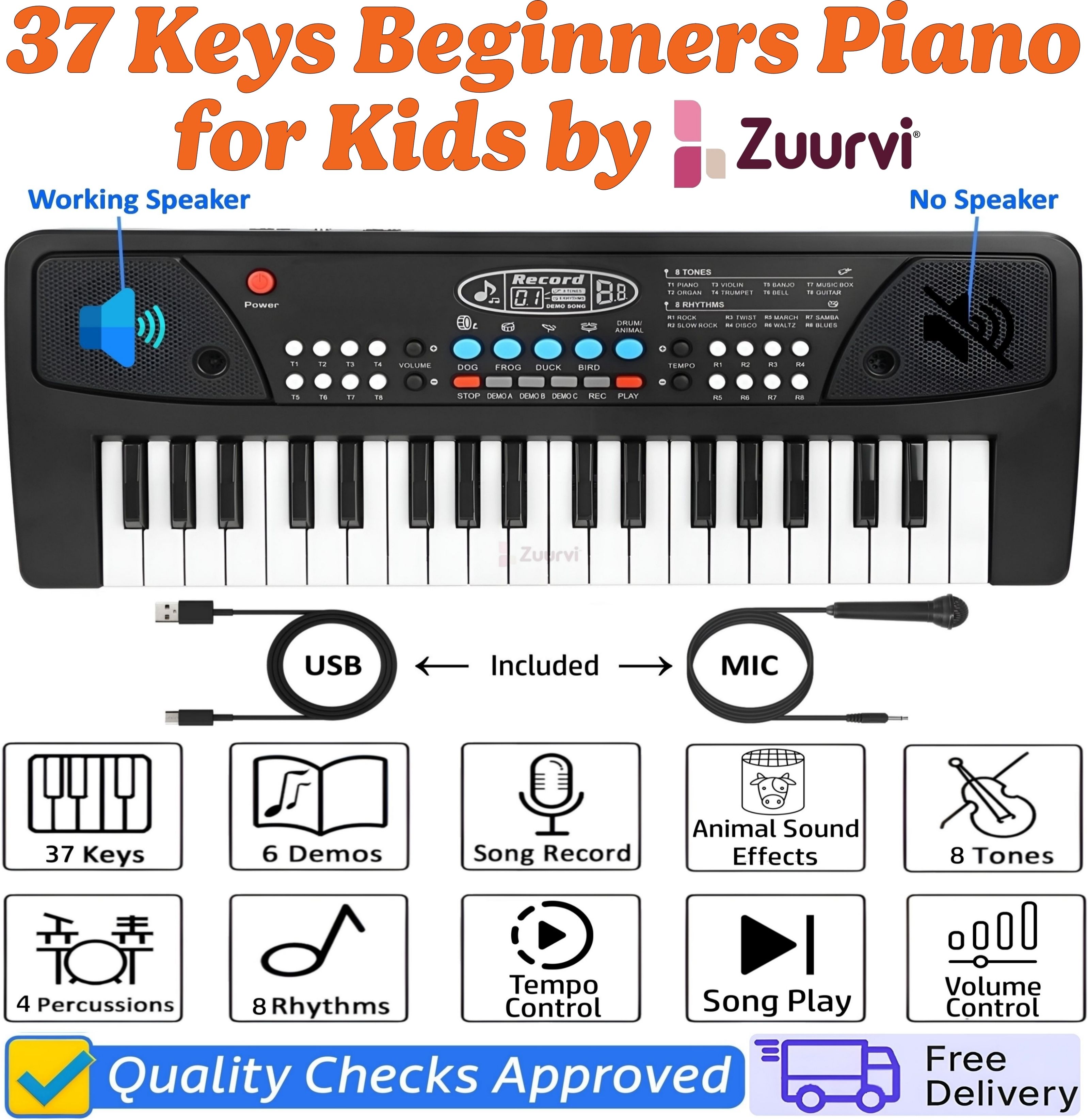 ToyBucket 430A1 Musical Instrument Piano Toy with Microphone | Record Function | For Beginners Kids Boys & Girls | Direct DC Power Option with Micro USB Cable | Analog Portable Keyboard-image-33