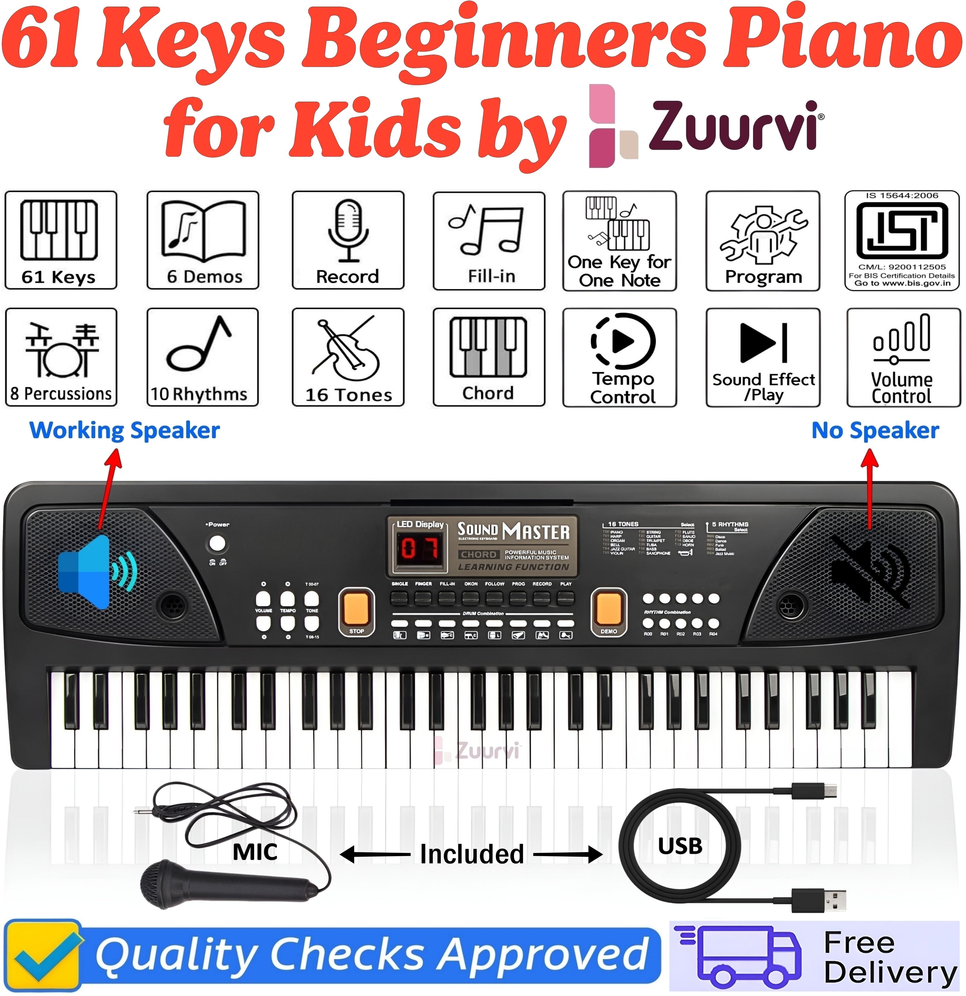ToyBucket 630A1 Musical Instrument Piano with Mic & Display | Record Function | For Beginners Kids Boys & Girls | Direct DC Power Option with Micro USB Cable | Analog Portable Keyboard