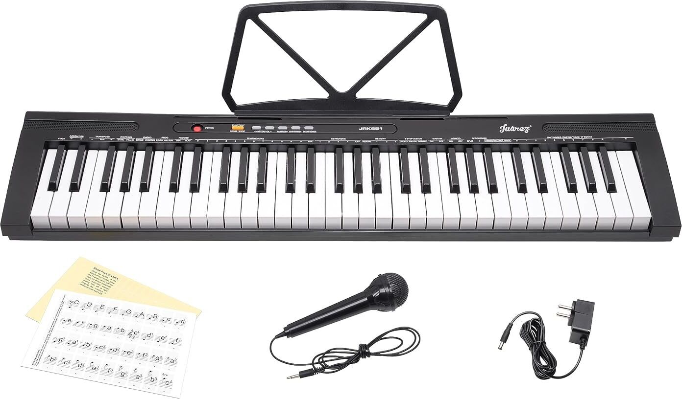 jrk651 piano, adapter, stickers, stand, 300 rhythms & tones, 21 demos, transpose, digital portable keyboard