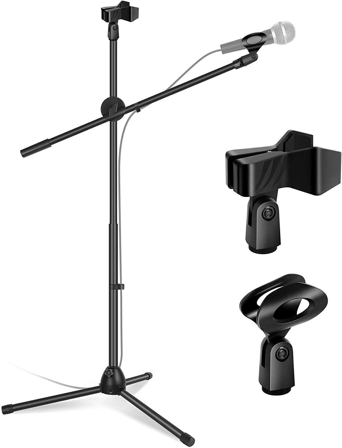 Microphone Stand, Foldable Tripod Boom Stand Adjustable Height Heavy Duty Mic Boom Stand with Dual Mic Clip Holders and Metal Base for Singing, Speech, Stage, Outdoor Activities Microphone Stand-image-45