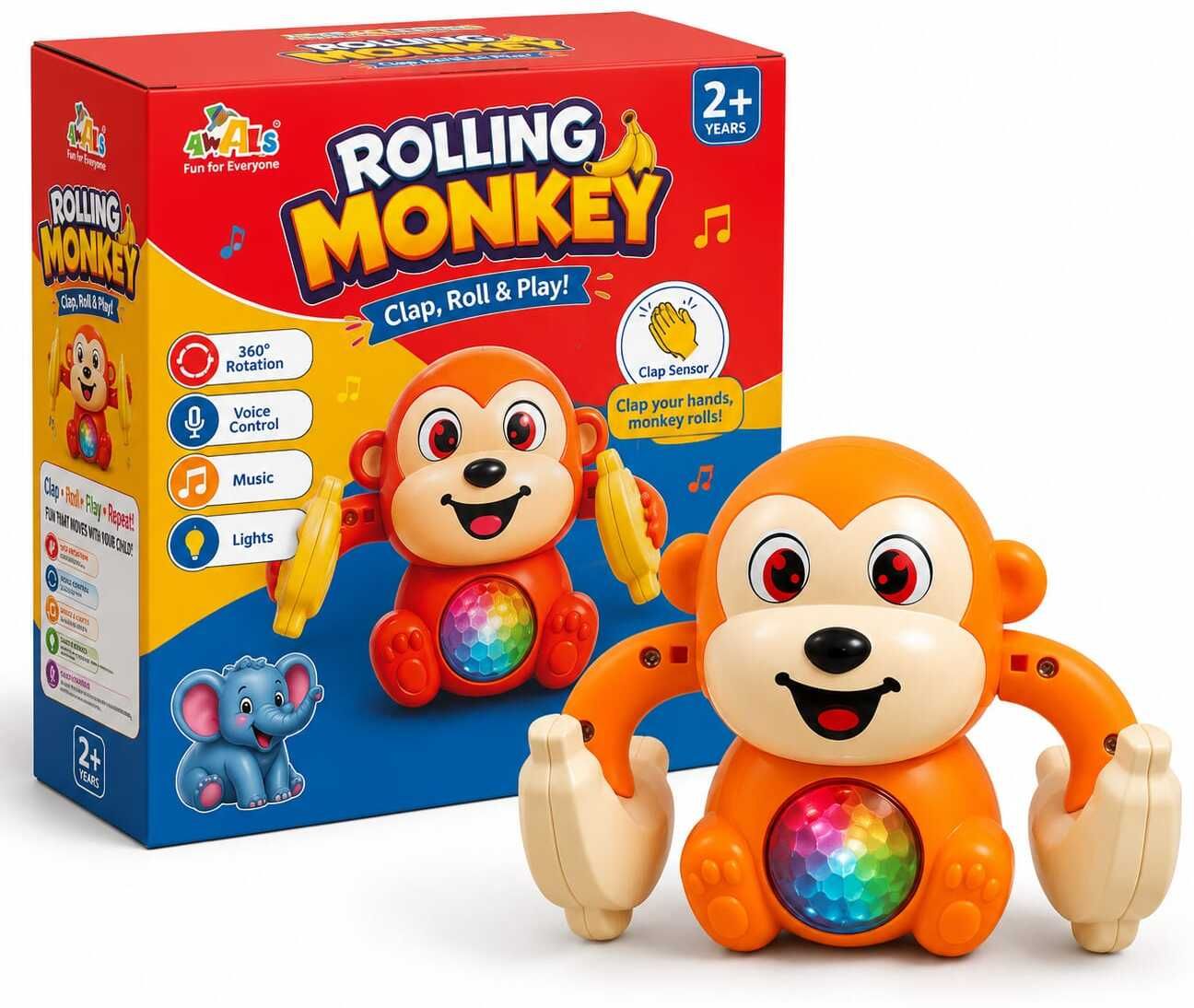 awals Electric Rolling Monkey Toy with Music, LED Lights & Clap Sensor-picture-17