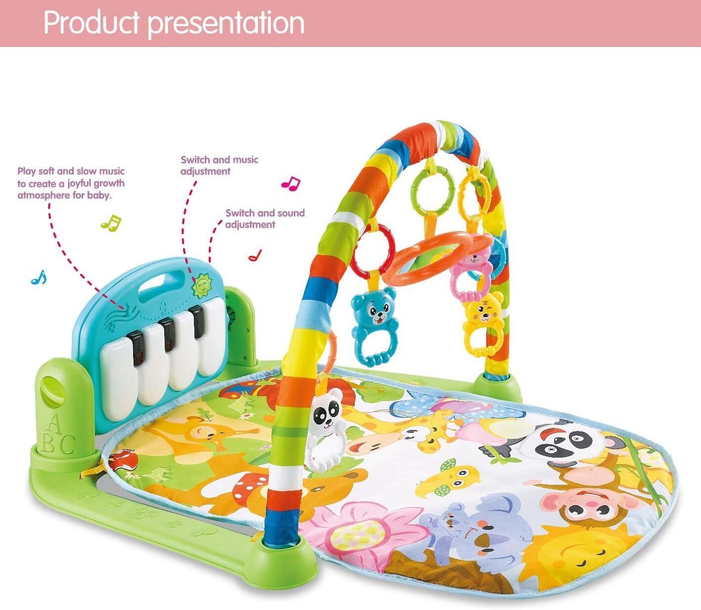 Baby Play Gym Mat with Detachable Piano, Lights, and Animal Toys