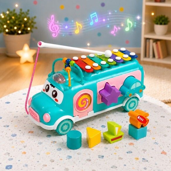 niyamat Pull Along Musical Activity Bus with Shape Sorter and Xylophone Kids-picture-36