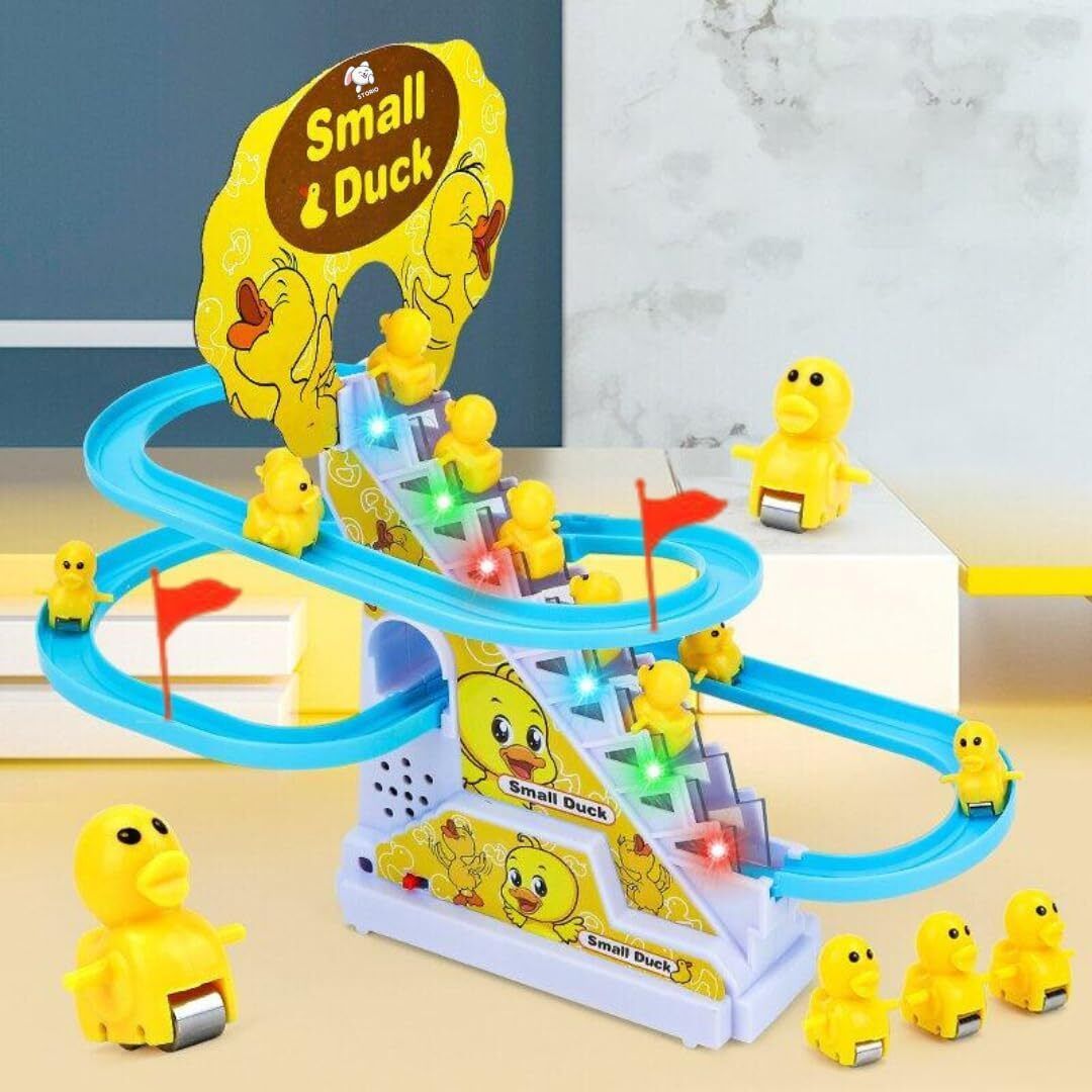 orelius fire Lights Music 3 Duck Escalator Track Stair Climbing Toy with-picture-48