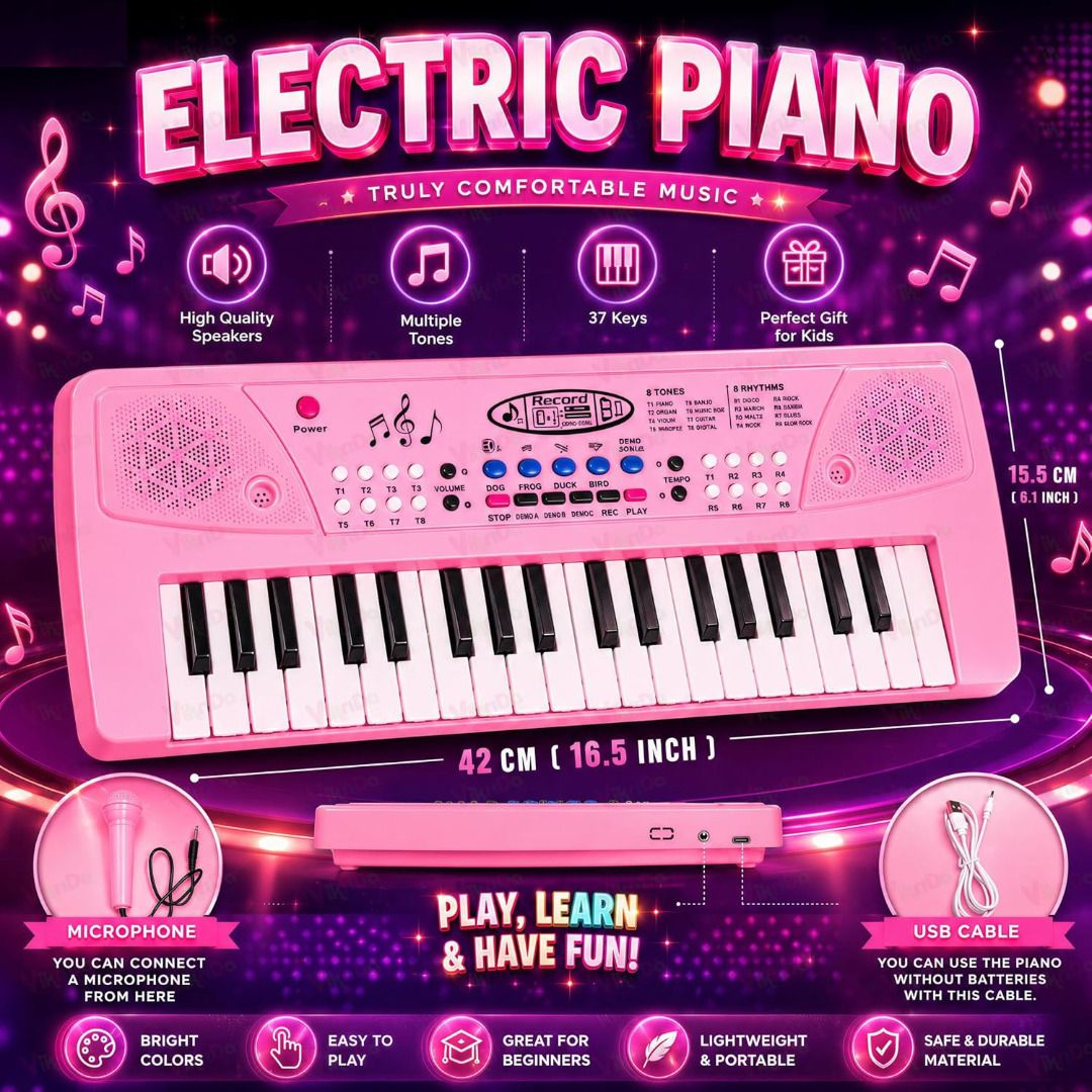 37-Key Musical Piano Keyboard Toy for Kids with Mic & USB Cable | Pink-image-44