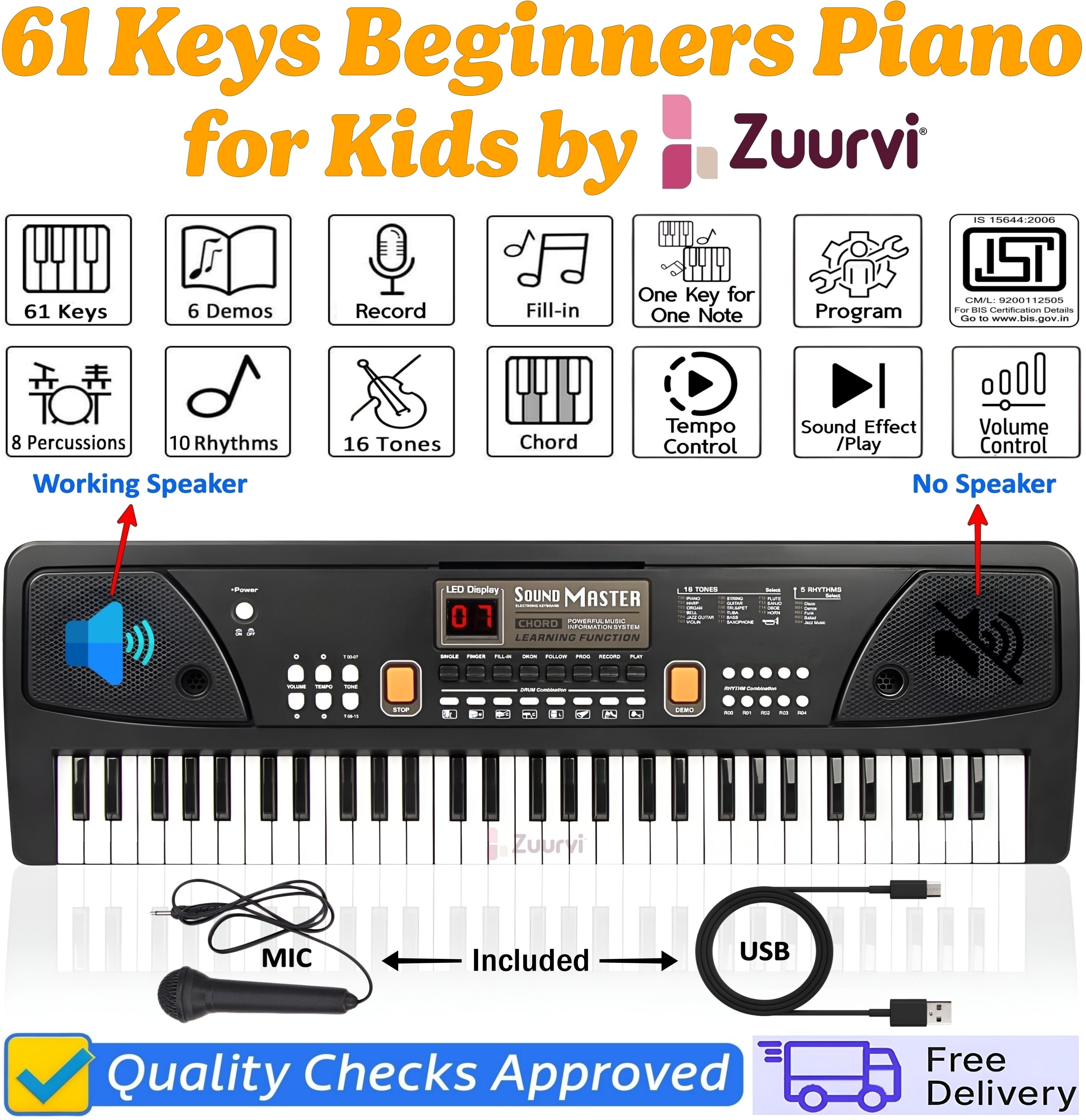61 Keys Musical Keyboard Piano for Kids | Direct DC Power Input | Tones & Record-image-43