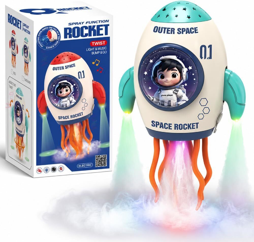 alvero Space Rocket Spray Toy with Lights, Music, Mist – Bump & Go Rotating Kids Rocket-picture-2