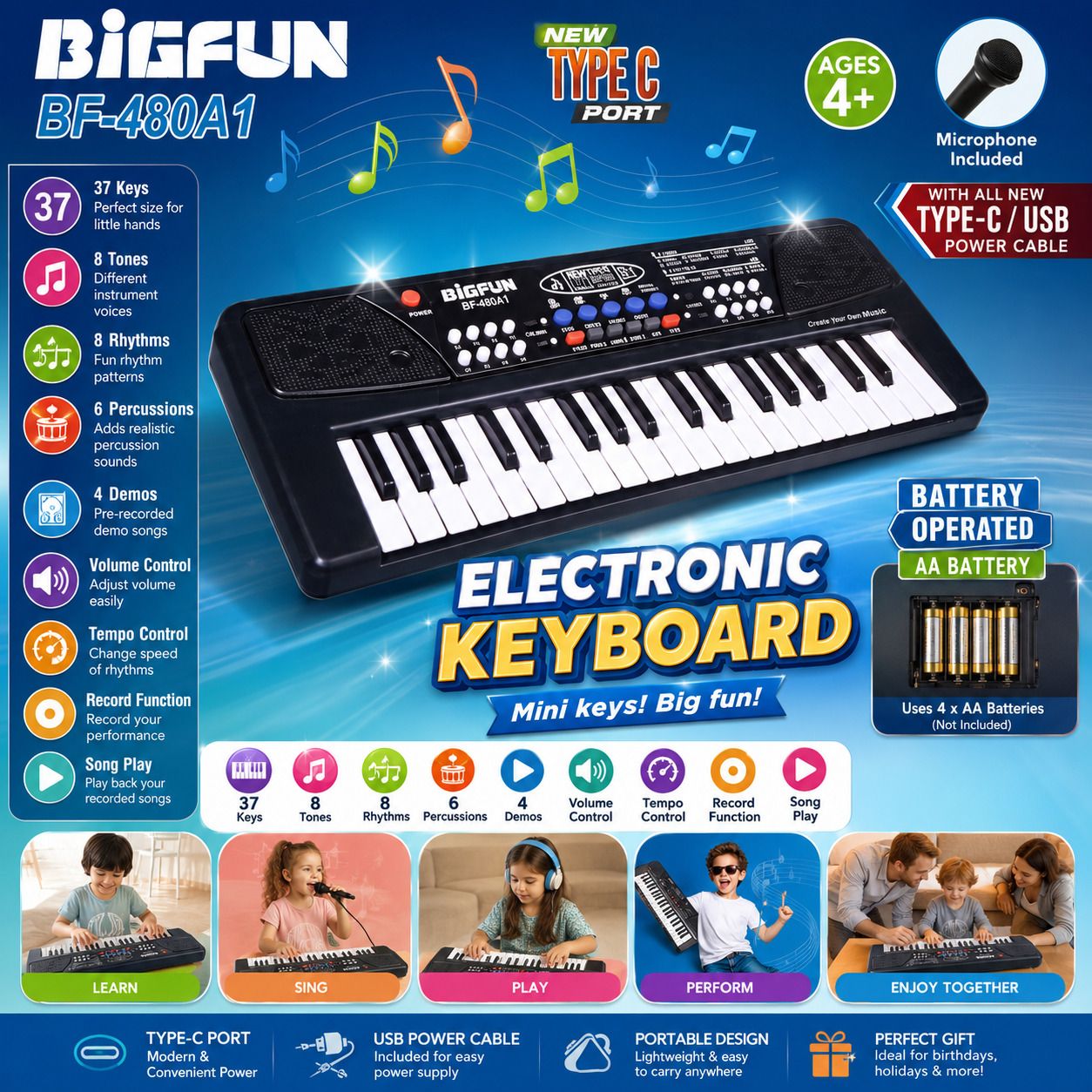 ananyaz Piano Keyboard with 37 keys for Kids | Beginners with Mic & Recording Function-picture-36