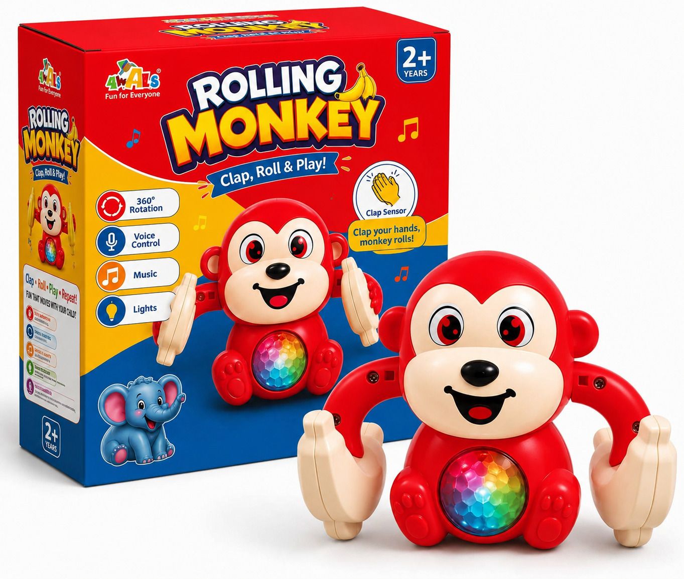 awals Rolling Monkey Musical Toy with Lights, Clap Sensor & 360° Rotation-picture-38
