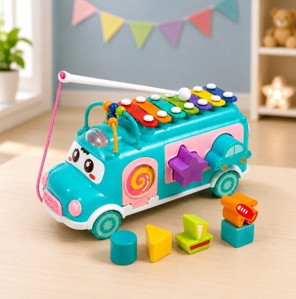 Musical Shape Sorter Pull Along Bus with Xylophone Learning Toy for Kids-image-18