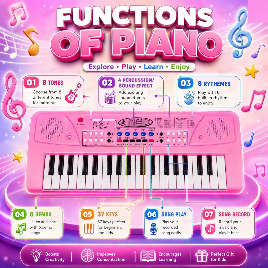 37-Key Electronic Piano Keyboard for Kids | Mic, USB, Recording | Pink-image-19