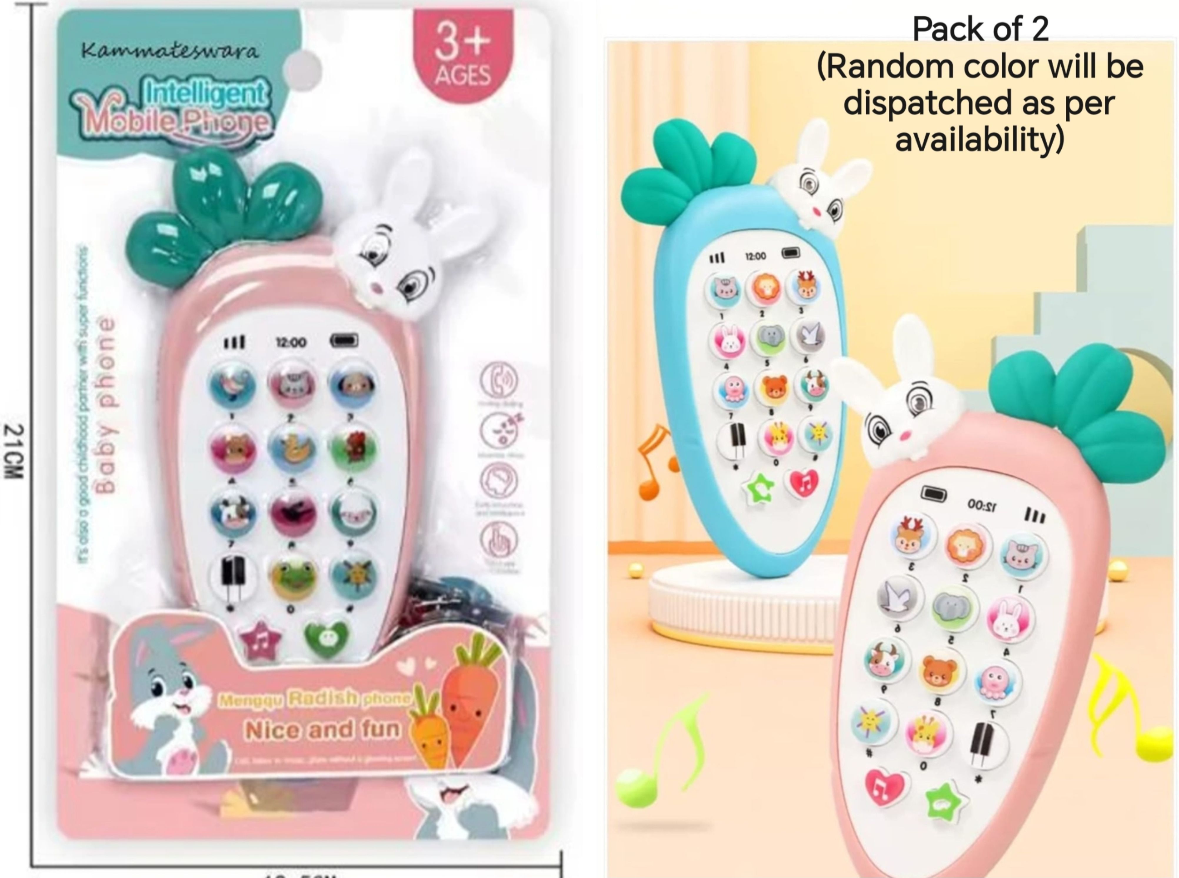 Rabbit Carrot Intelligent Baby Phone Toy Light Sound Teether 6M+ (Pack of 2)-image-13