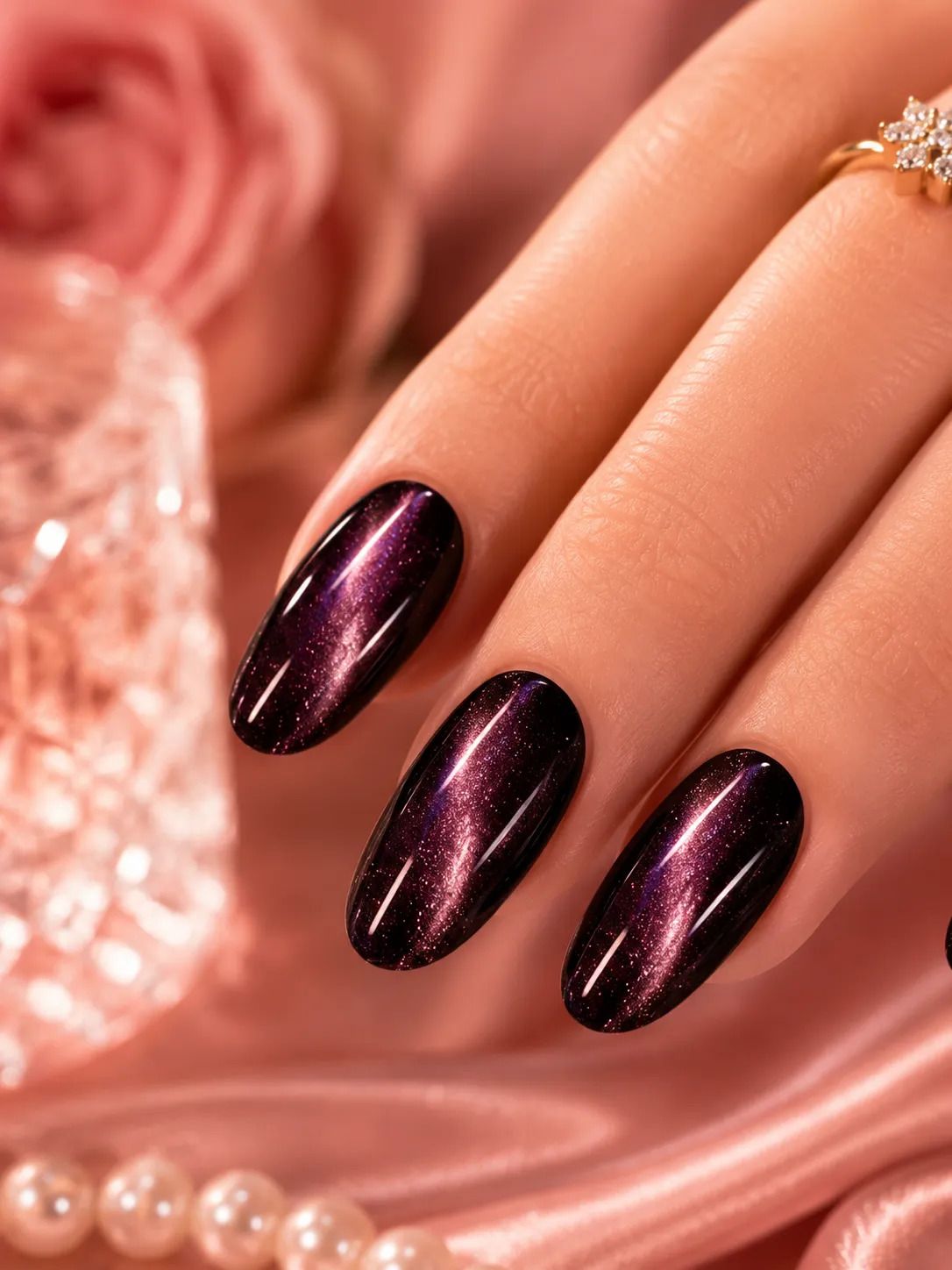 Deep Purple Cat Eye Press-On Nails – Amethyst Magnetic Gel Nails (Medium Almond)-image-3