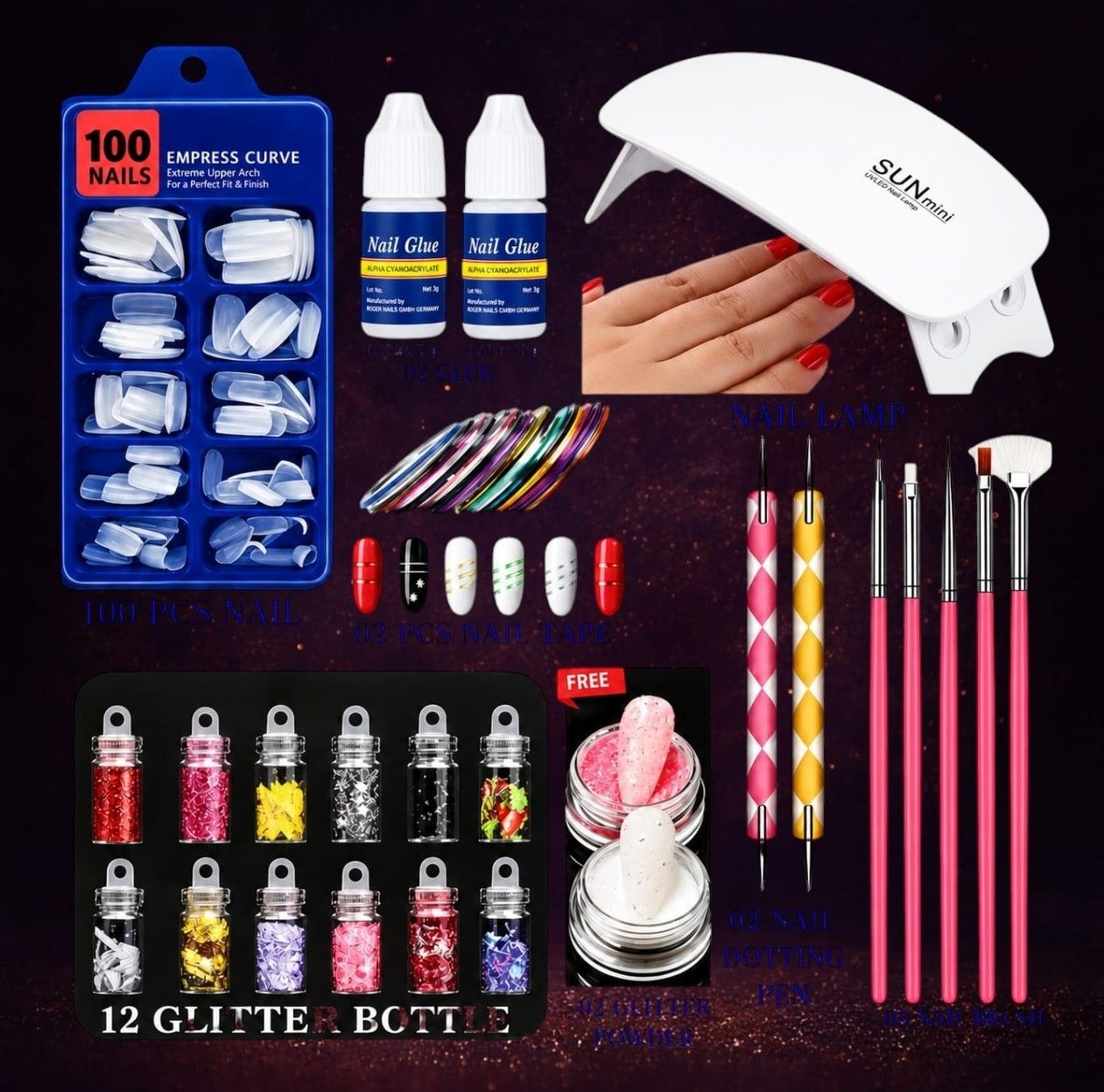Decorative Nail Beauty Kit with False Tips and Glitter Powder-image-18