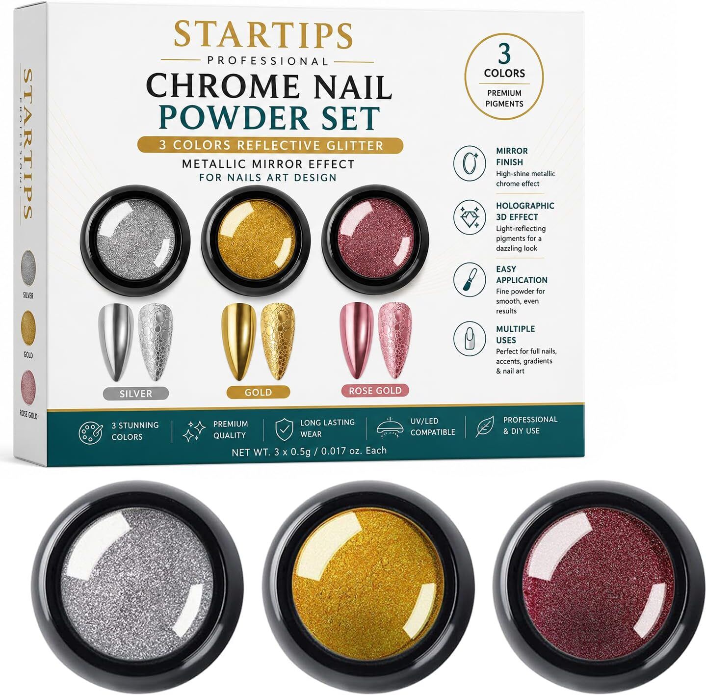 Chrome Nail Powder Set of 3 Silver Gold Rose Gold Mirror Pigment for Nail Art-image-49