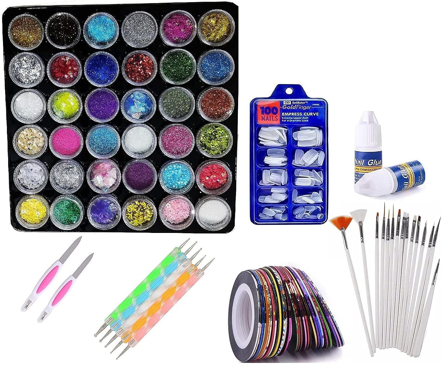 lanellie 36 Pcs Glass Bottles Glitter Stones 100 Nails 10 Nail Tapes 15 Nail Art Brush-picture-37