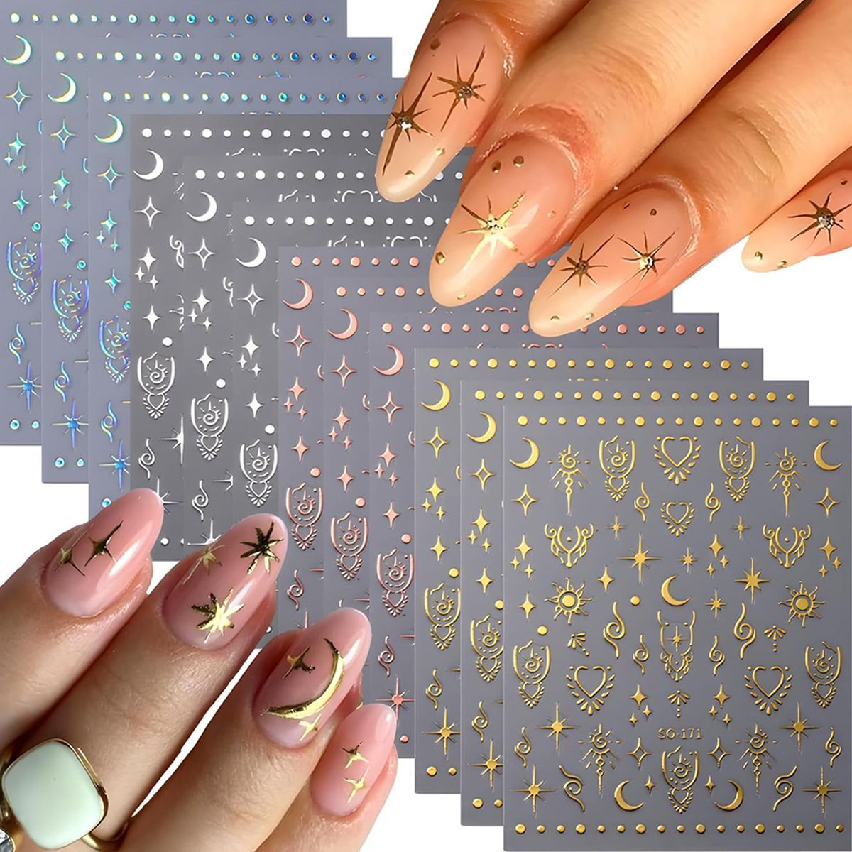 12 Sheets Metallic Nail Stickers 3D SelfAdhesive Decals Star Moon DIY Art Design-image-7