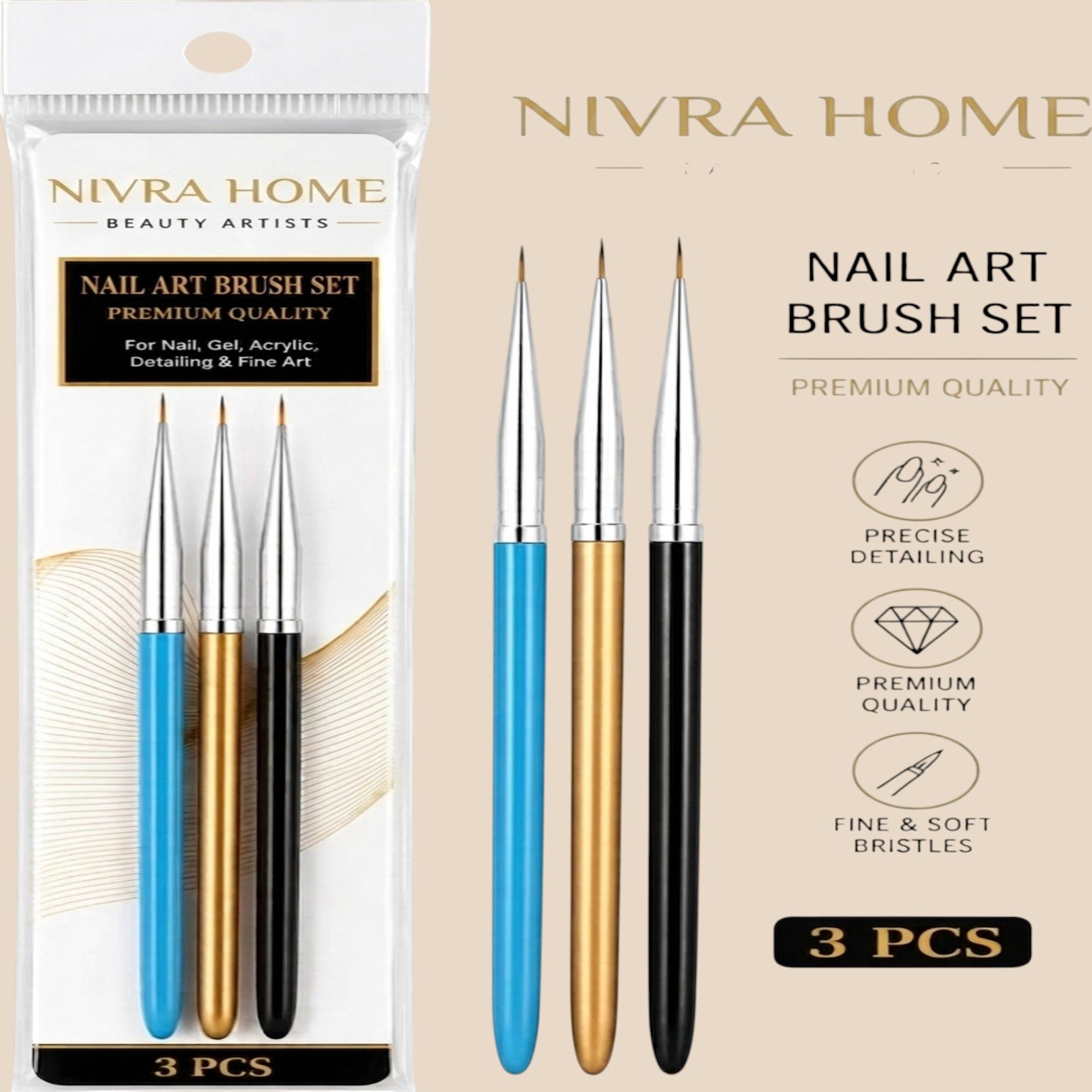 Premium Nail Art Brush Set 3 PCS Fine Line Detailing Brushes-image-49