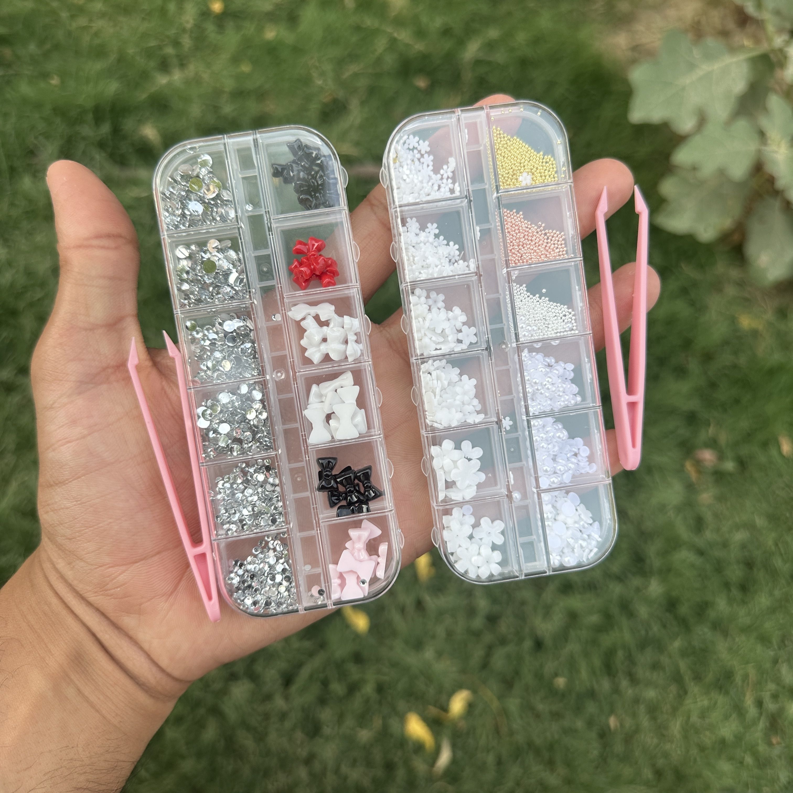 12 Grid White Flower and 12 Grid Multi Bow Premium Nail Art Accessories