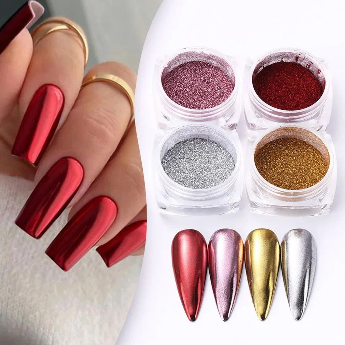 Colors Chrome Nail Powder Set, Gold, Silver,Red,Pink Reflective Glitter Metallic-image-34